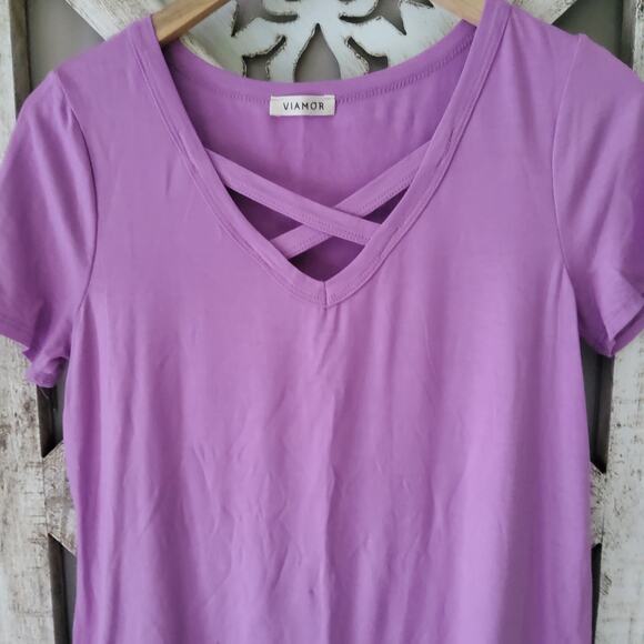 Women's Short Sleeve Relaxed Fit T-Shirt Tee Top with Criss Cross V-Neck Purple - Picture 10 of 12